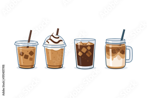 Collection of four different iced coffee drinks in various containers and styles