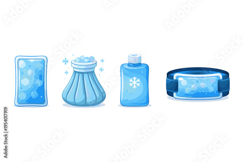 Collection of cartoon ice packs and cold therapy items for pain relief