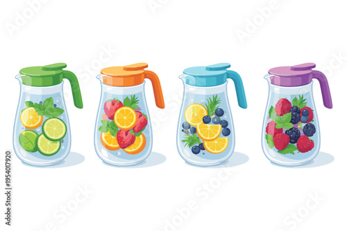 Four pitchers filled with refreshing fruit infused water and herbs