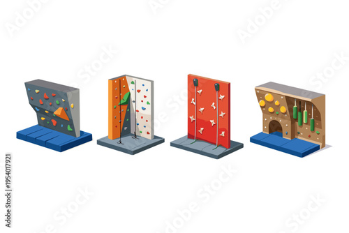 Collection of isometric climbing walls with colorful holds and safety mats