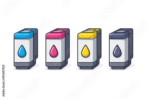 Set of four colorful ink cartridges for inkjet printers, cyan, magenta, yellow, and black