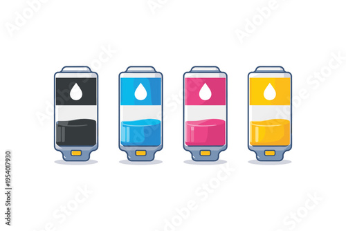 Four colorful ink cartridges showing different levels of ink, from black to yellow