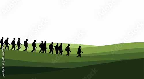 Silhouettes depicting group migration across vast green hills. Numerous anonymous individuals walk in line, showing collective movement and shared journey.