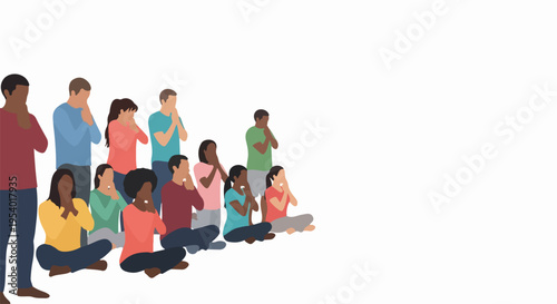 Diverse prayer group gathers with individuals standing and sitting, hands clasped in silent contemplation. This supportive prayer group emphasizes unity, spiritual connection, and shared belief.