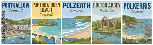 Vintage british united kingdom travel poster set. Including porthallow, porthgwidden beach, polzeath, bolton abbey, and polkerris. Retro vector illustration.