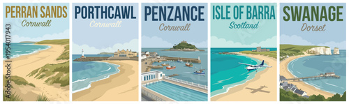 Vintage british united kingdom travel poster set. Including perran sands, porthcawl, penzance, isle of barra, and swanage. Retro vector landscape illustration.