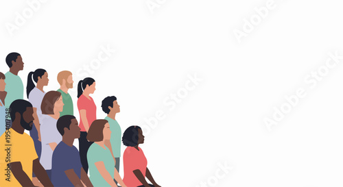 Diverse crowd looking upward on white background, group of multiethnic people attentively watching event. Diverse crowd composition for presentation slide, educational seminar, or corporate gathering.