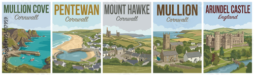 Vintage british united kingdom travel poster set. Including mullion cove, pentewan, mount hawke, mullion village, and arundel castle. Retro vector.