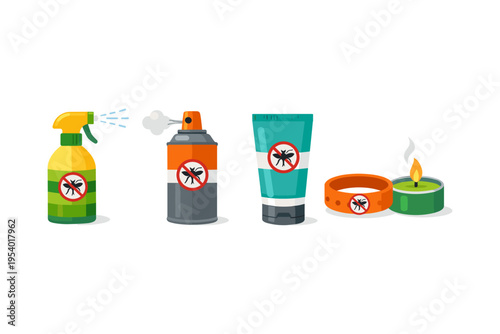 Various insect repellent products including spray, lotion, bracelet, and candle