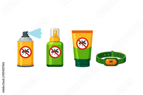 Collection of mosquito repellent products including spray cans, lotion, and a repellent bracelet