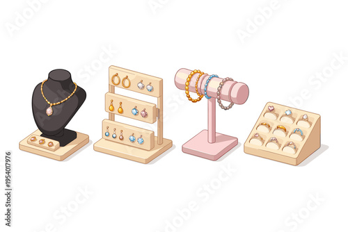 Collection of jewelry displayed on stands and busts, including necklaces, earrings, bracelets, and rings