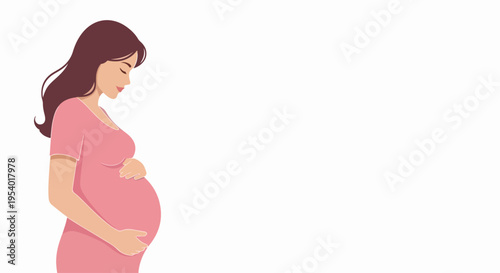 Pregnant woman tenderly cradles her baby bump, a serene profile illustration showing maternal love. Pregnant woman embodies anticipation, symbolizing new life and family growth.