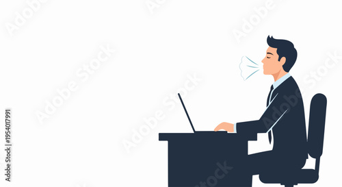 Professional man applies remote work concept, typing on laptop at office desk. Modern remote work concept involves virtual meetings, digital collaboration for productive team.