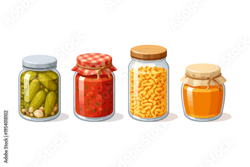 Four glass jars filled with preserved food items like pickles, salsa, pasta, and honey