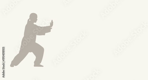 Tai Chi pose silhouette on plain background. Person practicing traditional Chinese martial arts demonstrates fluid movement, balance, and inner peace. Concept Tai Chi for wellness, meditation,