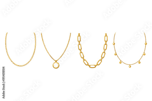 Collection of four elegant gold necklaces with diverse chain styles and pendants