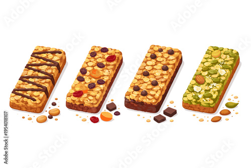 Delicious granola bars with nuts and chocolate in a colorful presentation