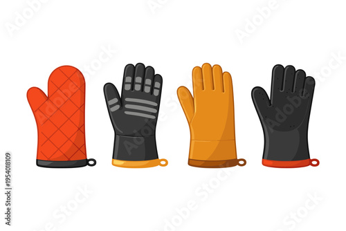 Collection of four different oven mitts and heat resistant gloves for kitchen safety