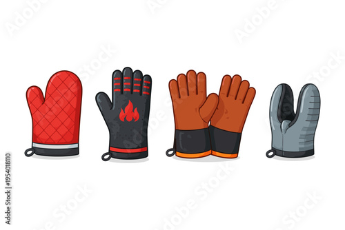 Collection of heat resistant gloves and oven mitts for cooking and grilling