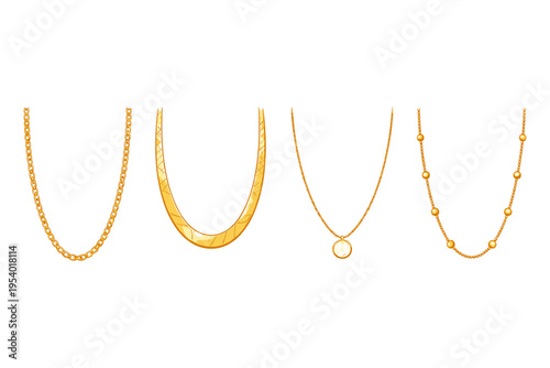Collection of four different styles of gold necklaces on a white background