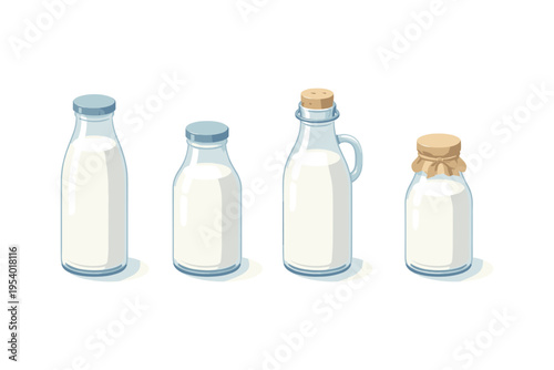 Collection of four glass bottles filled with fresh white milk and various caps