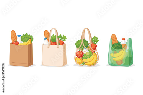 Various reusable grocery bags filled with fresh produce and bread, showcasing eco-friendly shopping