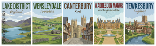 Vintage british united kingdom travel poster set. Including lake district, wensleydale, canterbury, waddesdon manor, and tewkesbury. Retro vector illustration.