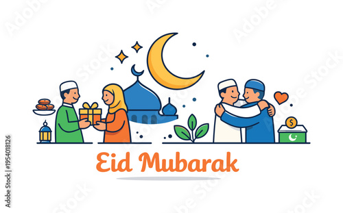 Eid Mubarak festive moment highlighting a cultural celebration filled with joy, generosity, and community gatherings after a month of reflection and fasting, a mosque dome