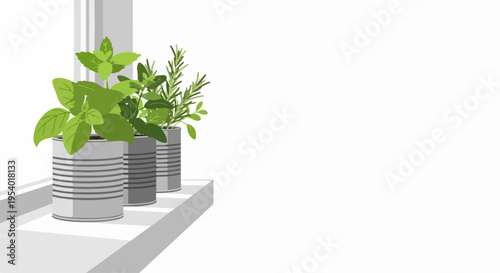 Fresh potted herbs growing on white windowsill, vibrant green plants in simple metal pots. Potted herbs include fragrant mint, basil, and rosemary, thriving with natural light.