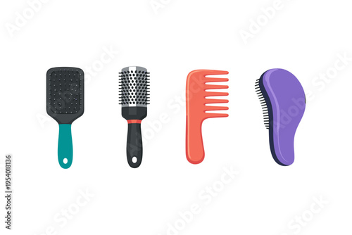 Collection of four different hair styling brushes and combs on a white background