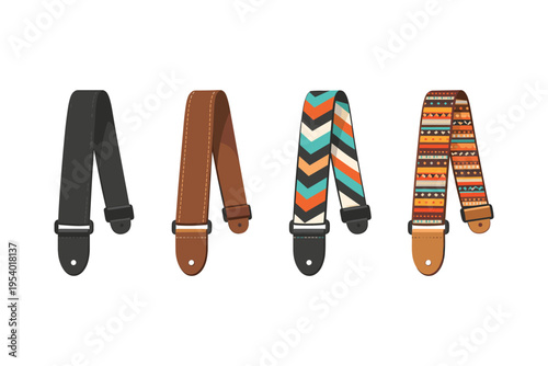 Collection of four diverse guitar straps with different patterns and colors