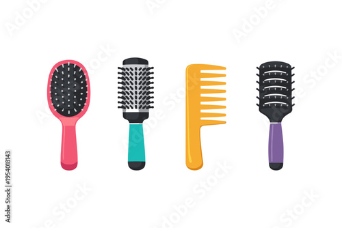 Collection of colorful hair brushes and combs for styling and grooming hair