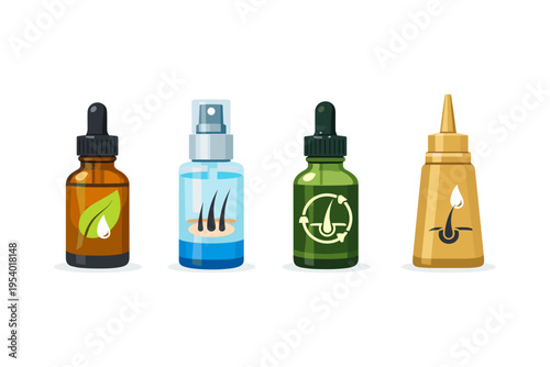 Collection of bottles with hair growth treatments and natural ingredients