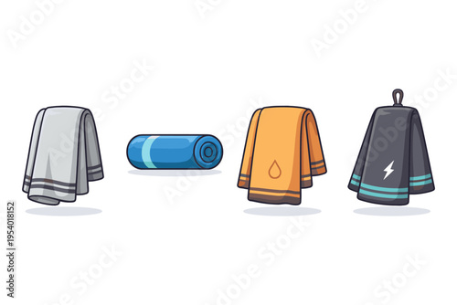 Collection of colorful towels and a rolled yoga mat for fitness and wellness