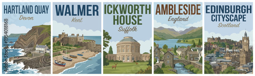 Vintage british united kingdom travel poster set. Including hartland quay, walmer castle, ickworth house, ambleside, and edinburgh cityscape. Retro vector design.