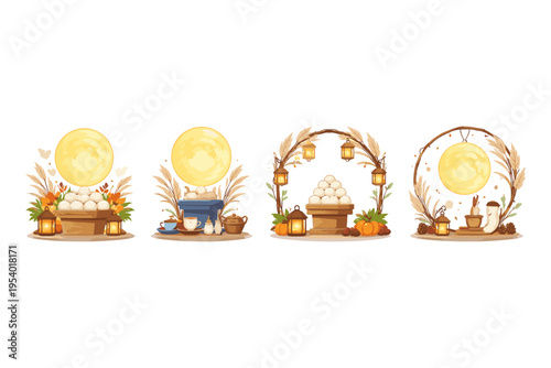 Mid-Autumn Festival celebration with mooncakes, lanterns, and autumn harvest elements