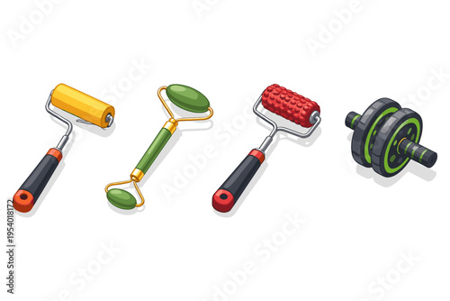 Collection of rollers for beauty and fitness, including jade roller and ab wheel