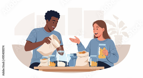 Diverse couple engaged in eco friendly cooking, transferring dry goods into glass containers. Eco friendly cooking promotes sustainable living, reduces packaging waste,
