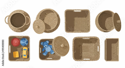 Woven storage basket set displaying various top view designs for home organization. Collection includes round, square, rectangular woven storage basket models, some with lids or filled with toys.