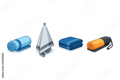 Collection of rolled and folded towels for sports and travel