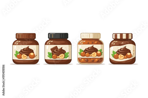 Four jars of chocolate hazelnut spread with nuts and leaves on labels