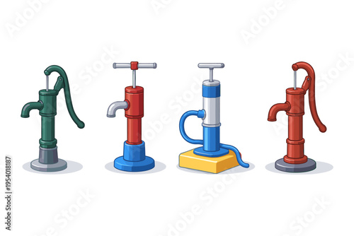 Collection of four colorful vintage water pumps and modern air pumps