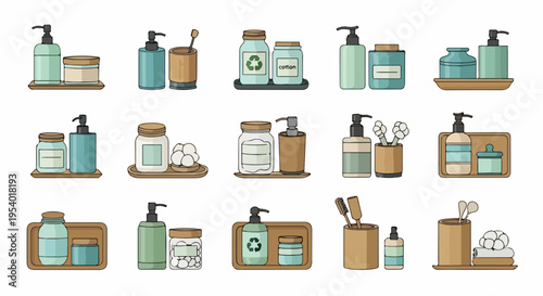 Variety of sustainable hygiene products, featuring refillable dispensers, jars, and personal care bottles. Set includes shampoo, soap, lotion, and daily essentials for conscious living.