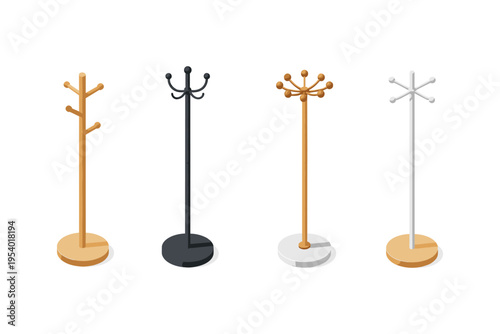 Collection of four modern coat racks with different designs and colors