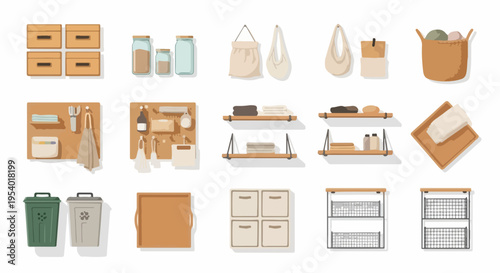 Diverse home organization items, featuring wooden drawers, glass jars, and woven baskets. Pegboards, wall shelves, and various bins comprise essential home organization items.