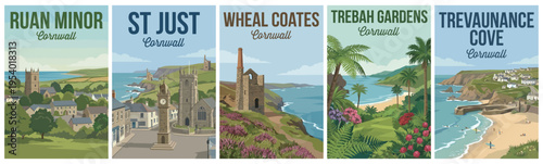 Vintage cornwall united kingdom travel poster set. Including ruan minor, st just, wheal coates, trebah gardens, and trevaunance cove. Retro vector.