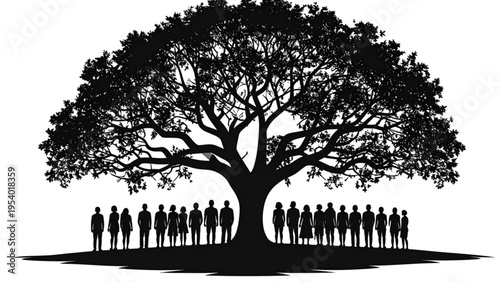 Silhouettes of diverse people standing united beneath large spreading tree, community strength and environmental harmony concept, flat black and white vector illustration