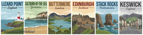 Vintage british travel poster set. Including lizard point, saltburn, buttermere, edinburgh, stack rocks, and keswick. Retro vector illustration.
