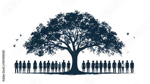 Silhouettes of diverse people standing united beneath large spreading tree, community strength and environmental harmony concept, flat black and white vector illustration