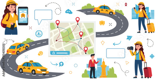 Travel navigation and taxi booking concept with tourists map route GPS smartphone and cab transport flat vector illustration
